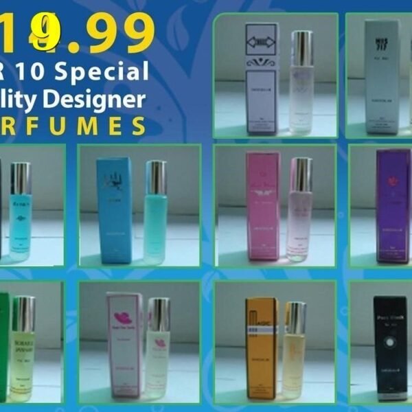 10 special quality designer perfumes, roll on, alcohol free. with special price 19.99 only. was 39.99